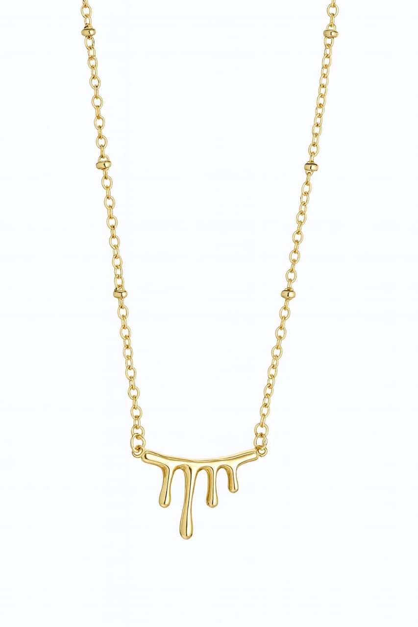 Stainless Steel Flowing Pendant Necklace with Beaded Chain – Gold