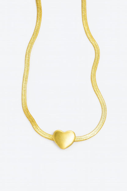 Stainless Steel Snake Chain Necklace with Matte Heart Pendant – Gold