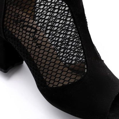 Suede and Mesh Peep-Toe Bootie Sandals - Black