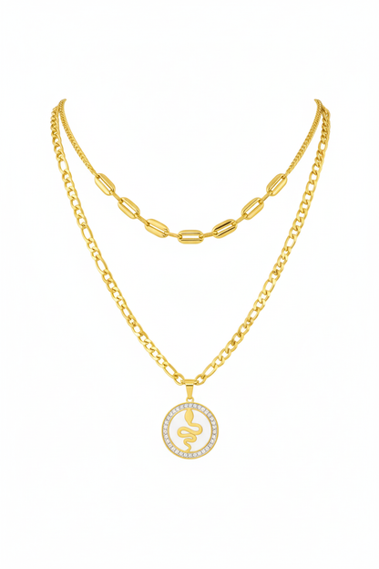 Stainless Steel Layered Snake Pendant Necklace – Gold