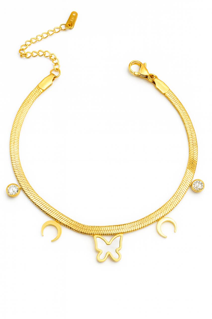 Stainless Steel Butterfly & Crescent Charm Bracelet – Gold