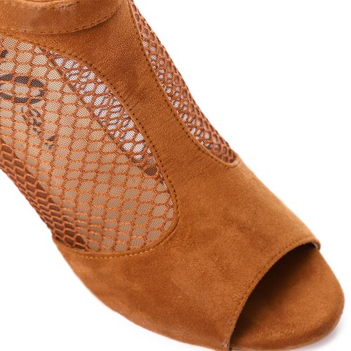 Suede and Mesh Peep-Toe Bootie Sandals - Camel