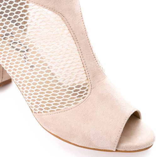 Suede and Mesh Peep-Toe Bootie Sandals - Beige
