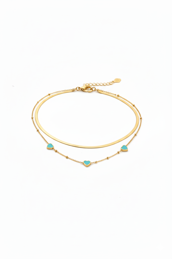 Stainless Steel Layered Necklace Turquoise Heart Charms – Gold