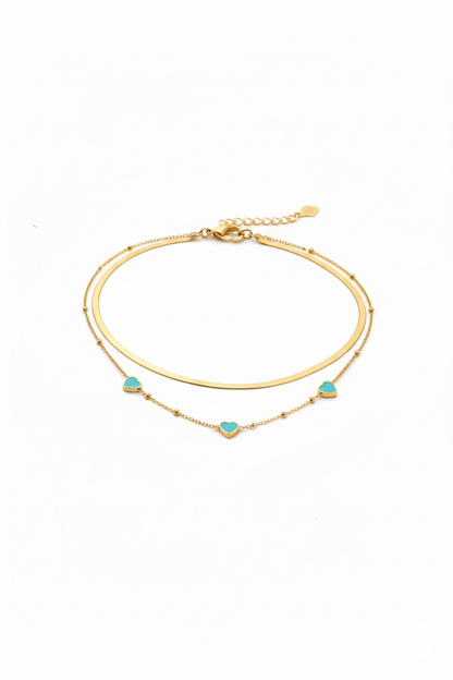 Stainless Steel Layered Necklace Turquoise Heart Charms – Gold