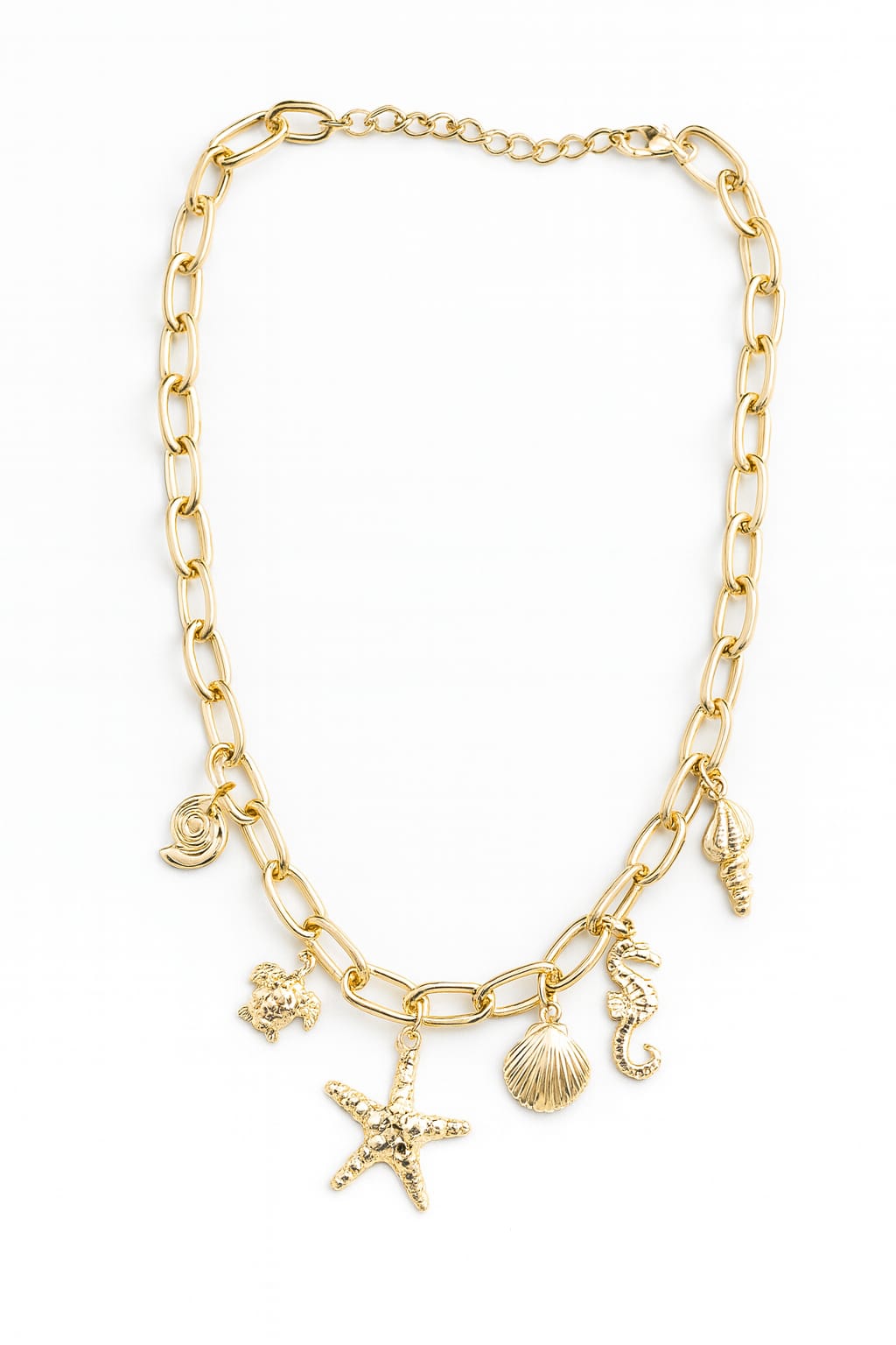 Zinc Alloy Crystal-Studded Sea Charm Link Necklace – Gold