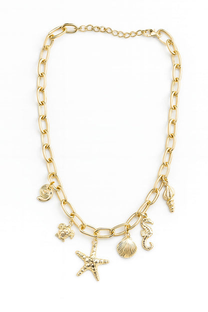 Zinc Alloy Crystal-Studded Sea Charm Link Necklace – Gold