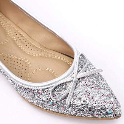 Faux Leather Glitter Ballet Flats - Silver