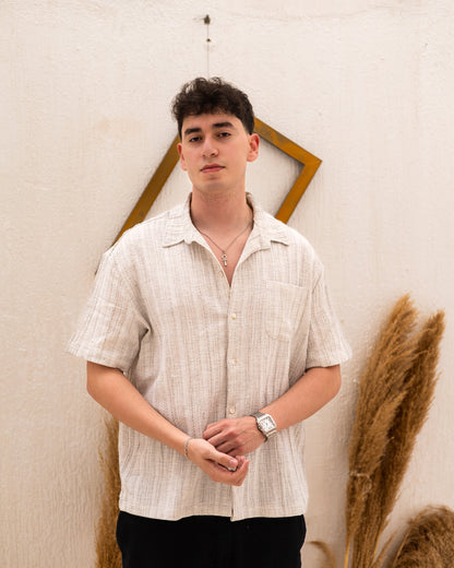 Linen Textured Short Sleeve Shirt - Beige