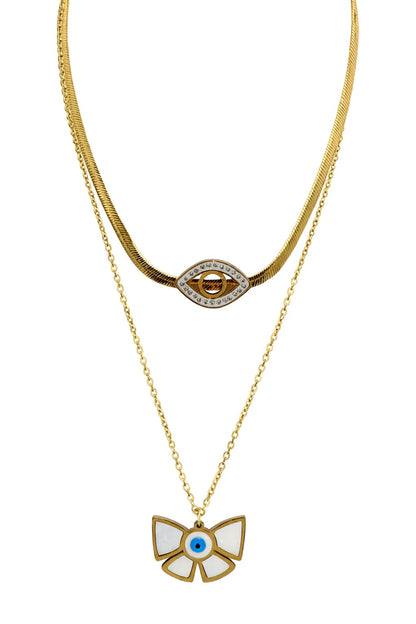 Stainless Steel Layered Necklace Eye and Bow Pendants – Gold