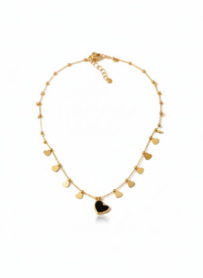 Stainless Steel Heart Pendant Necklace with Black Charm – Gold