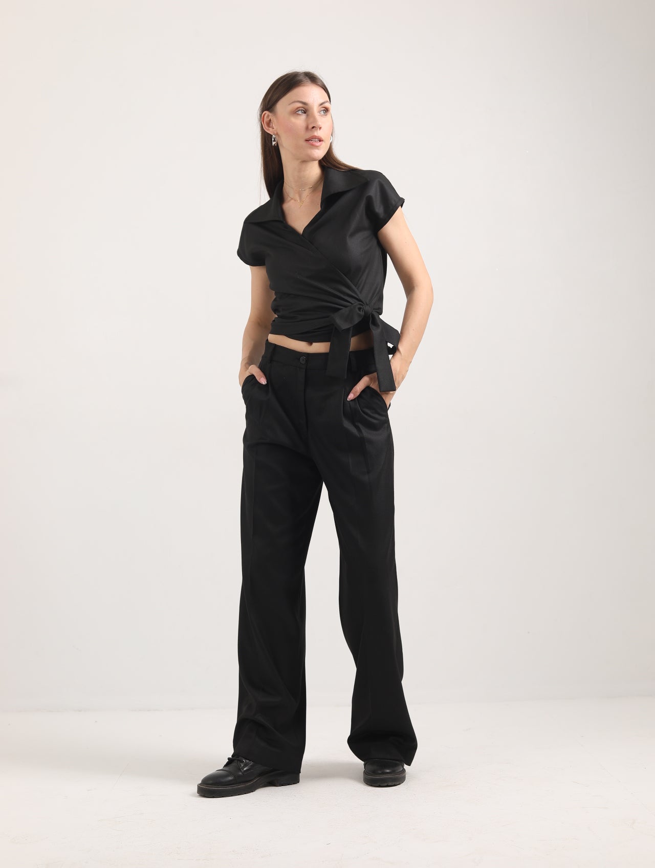 Blended Fabric Wrap Blouse – Black