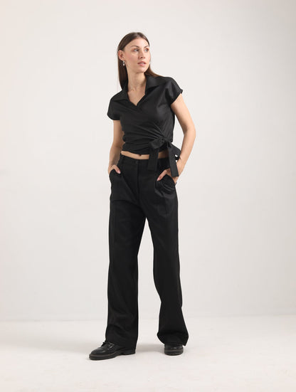 Blended Fabric Wrap Blouse – Black