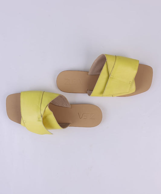 Faux Leather Crossover Strap Flat Slippers - Yellow