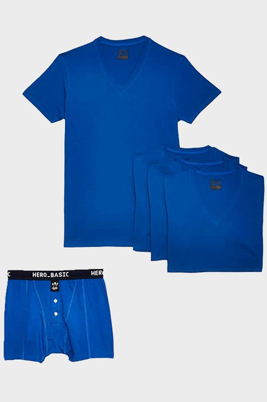 Cotton Solid V-Neck T-Shirt Set of 4 with Free Boxer – Blue