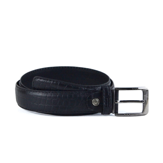 Leather Crocodile-Pattern Belt - Black