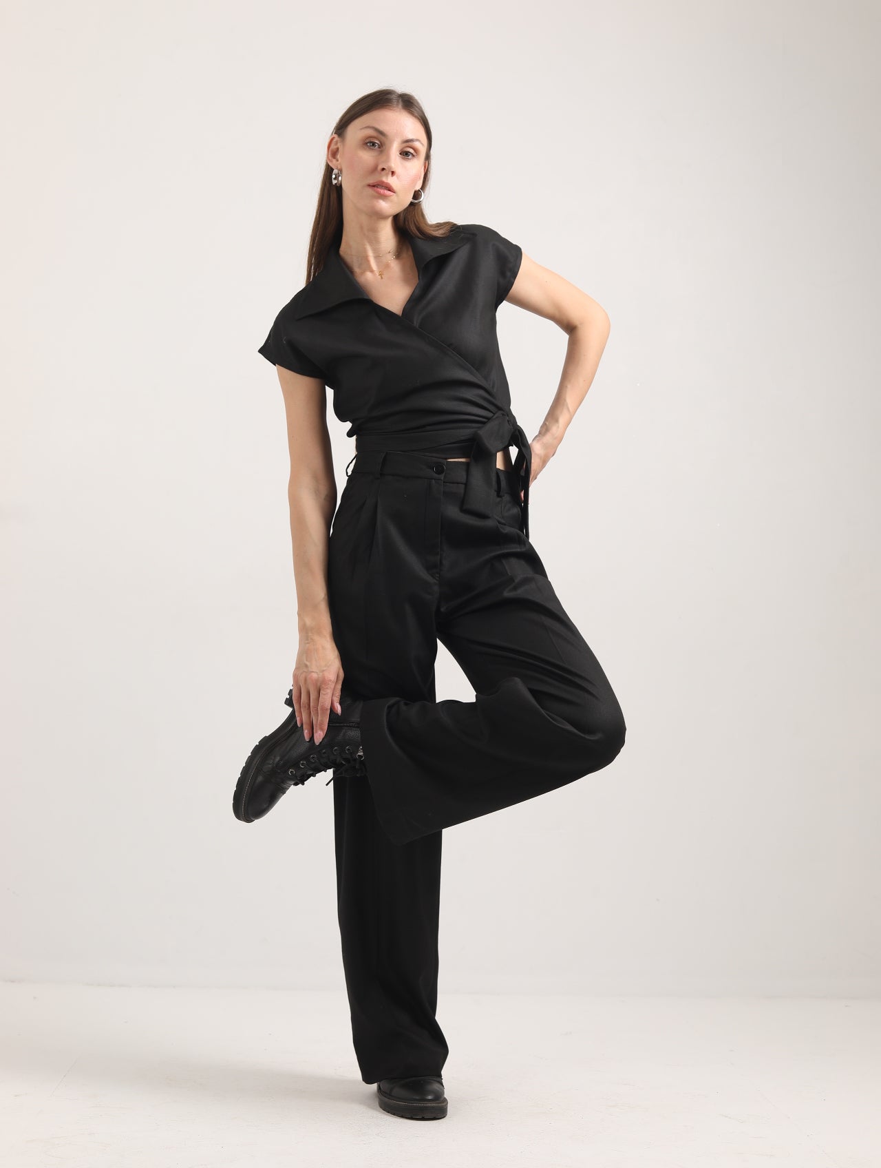 Blended Fabric Wrap Blouse – Black