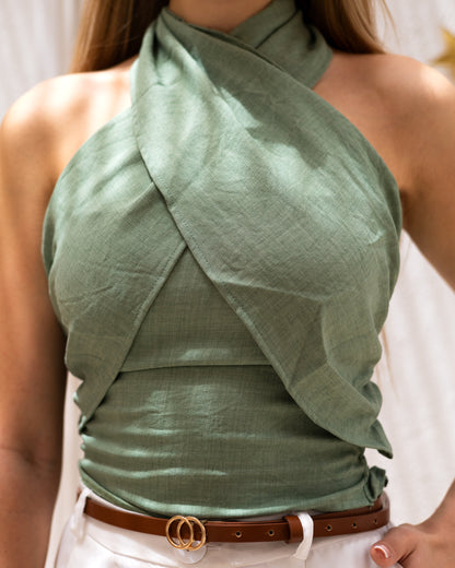Linen Crossed-Neck Top - Military Green