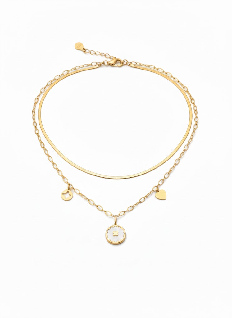 Stainless Steel Layered Snake & Charm Pendant Necklace – Gold