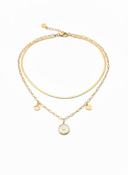 Stainless Steel Layered Snake & Charm Pendant Necklace – Gold