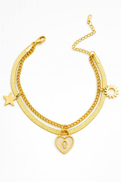 Stainless Steel Double Layer Star, Heart & Sun Charm Bracelet – Gold