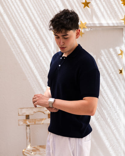 Knitted Polo T-Shirt - Navy Blue
