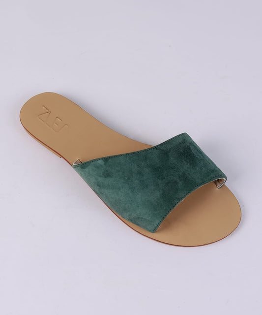 Suede Single Strap Flat Slippers - Green