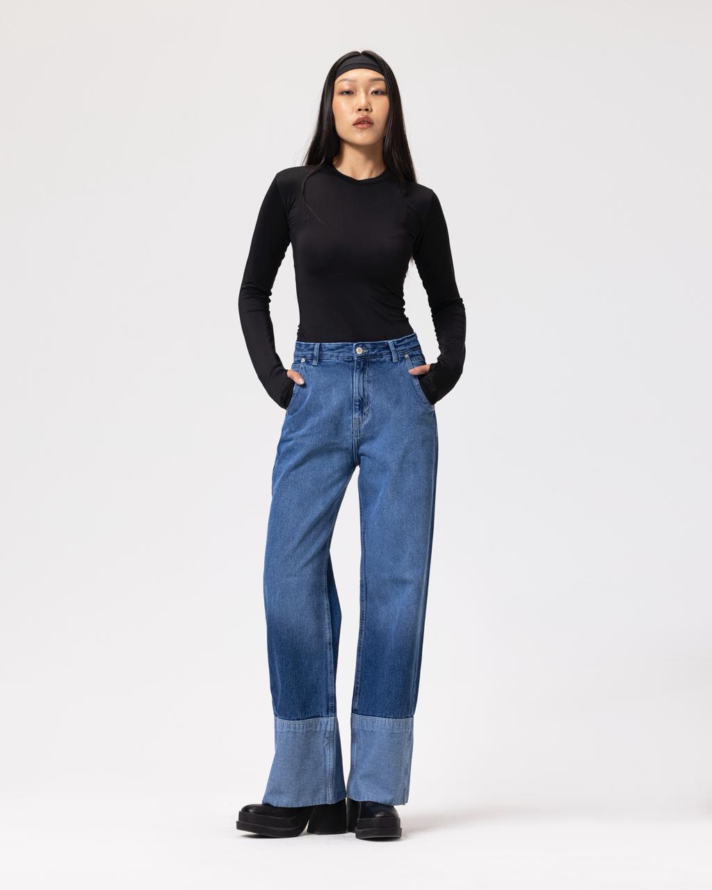 Denim Cotton Fold up Mid-Blue jeans