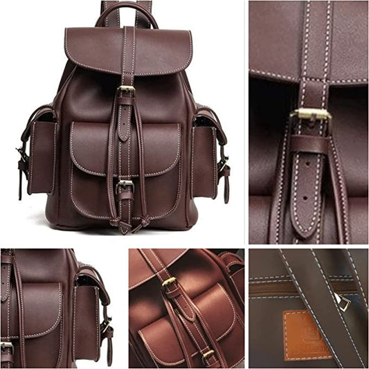 Faux Leather Vintage-Inspired Leather Backpack - Brown
