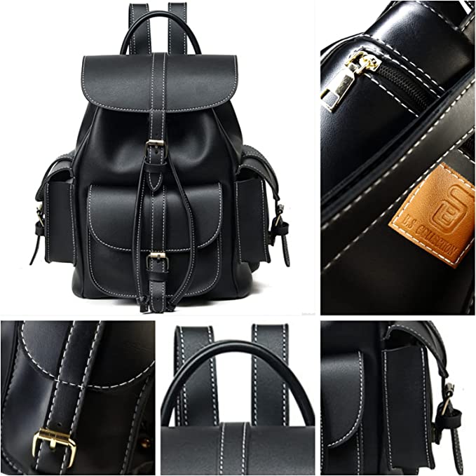 Vintage-Inspired Leather Backpack - Black