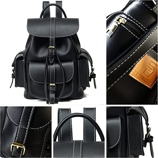 Vintage-Inspired Leather Backpack - Black