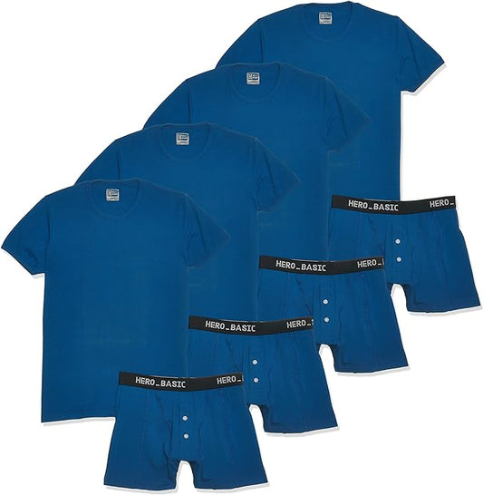 Cotton Solid Round Neck T-Shirt Set of 5 with Free Boxer – Blue