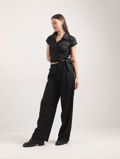 Blended Fabric Wrap Blouse – Black