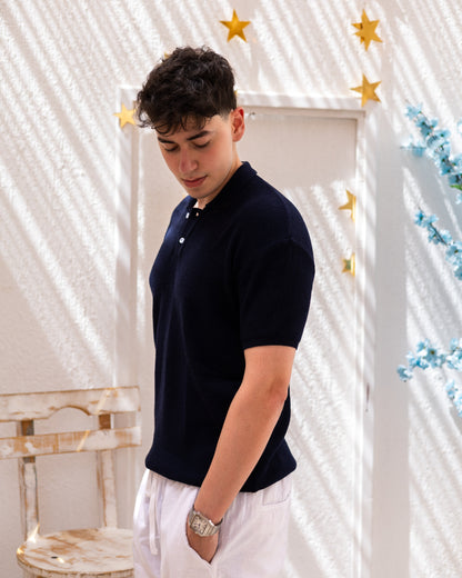 Knitted Polo T-Shirt - Navy Blue