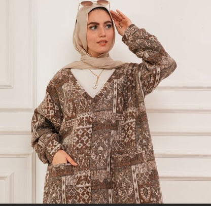 Knitted Wool Patchwork Tunic – Brown