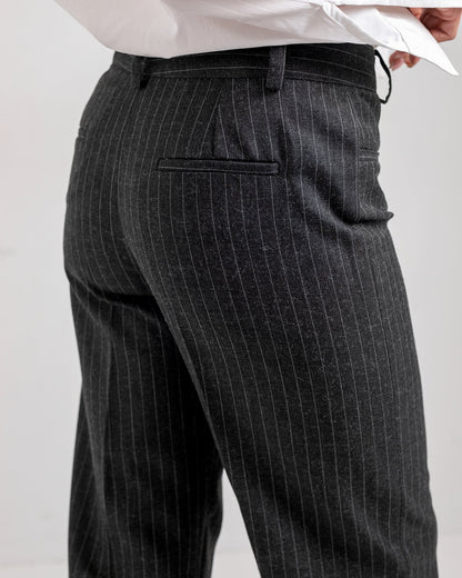 Pinstripe Straight-Leg Trousers - Charcoal Grey