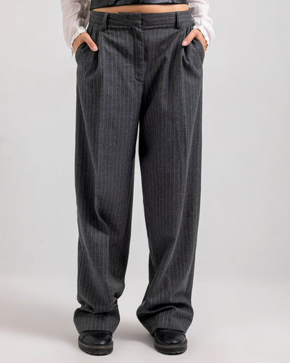 Viscose Striped Wide-Leg Trousers - Dark Grey