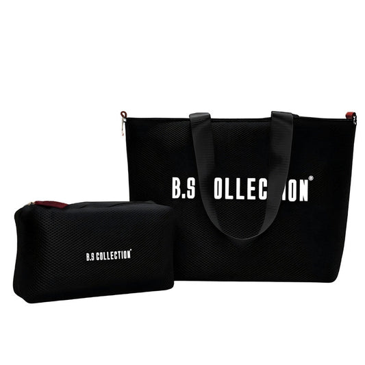 Leather and Fabric Double-Face Tote Bag - Black & Burgundy