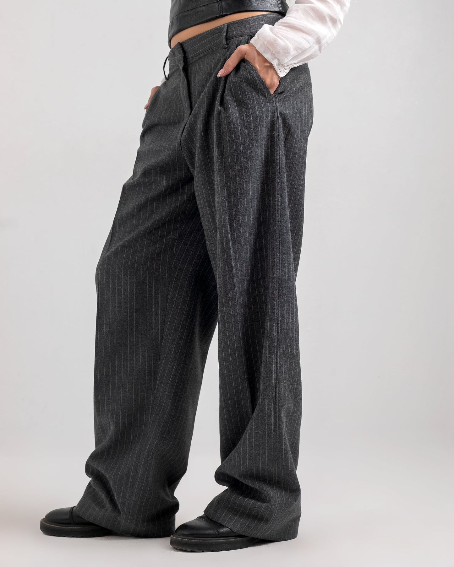 Viscose Striped Wide-Leg Trousers - Dark Grey