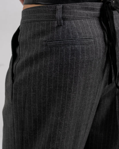 Viscose Striped Wide-Leg Trousers - Dark Grey