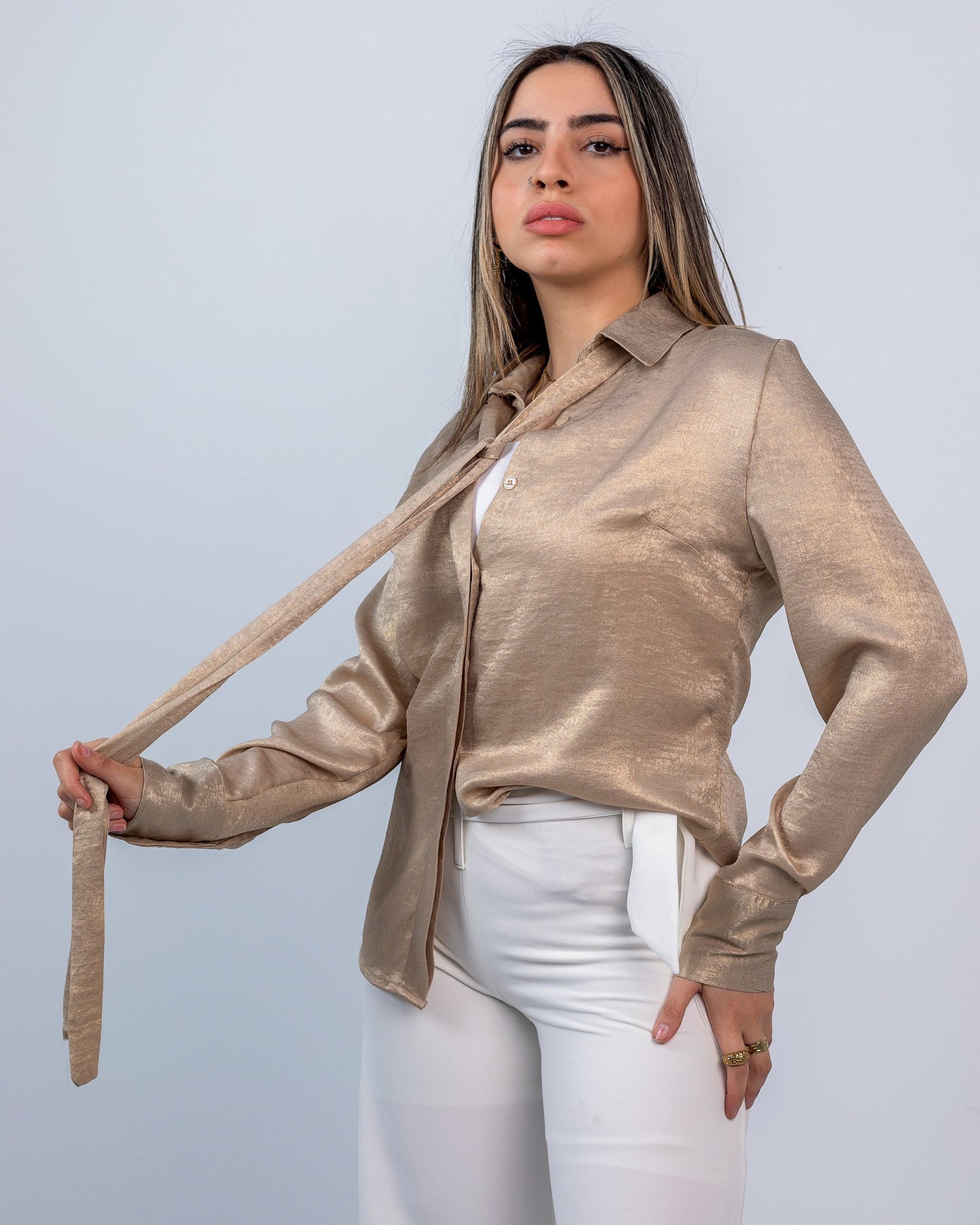 Satin Glossy Button-Down Shirt – Champagne