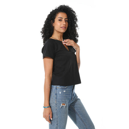 Half Sleeves Cotton Crossed T-Shirt - Black