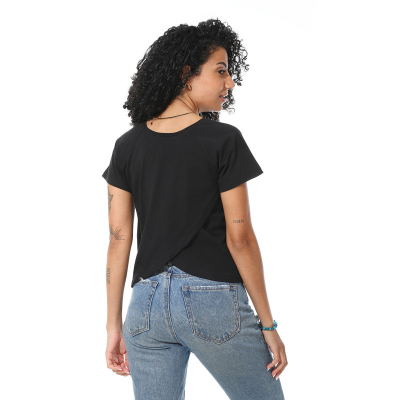 Half Sleeves Cotton Crossed T-Shirt - Black