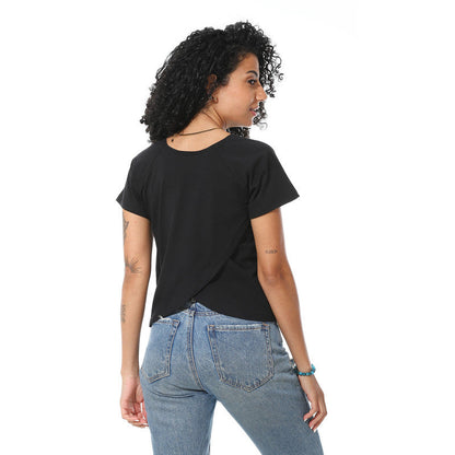 Half Sleeves Cotton Crossed T-Shirt - Black