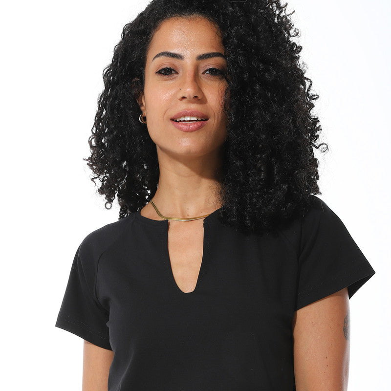 Half Sleeves Cotton Crossed T-Shirt - Black