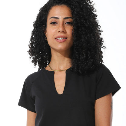 Half Sleeves Cotton Crossed T-Shirt - Black