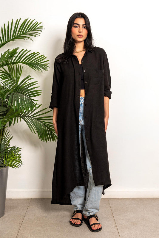 Wide Linen Shirt Dress - Black