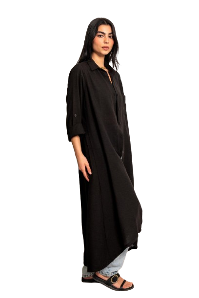 Wide Linen Shirt Dress - Black