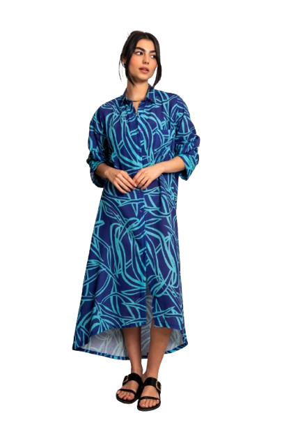 Wide Linen Shirt Dress - Turquoise & Purple