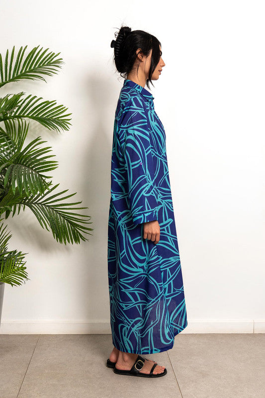 Wide Linen Shirt Dress - Turquoise & Purple
